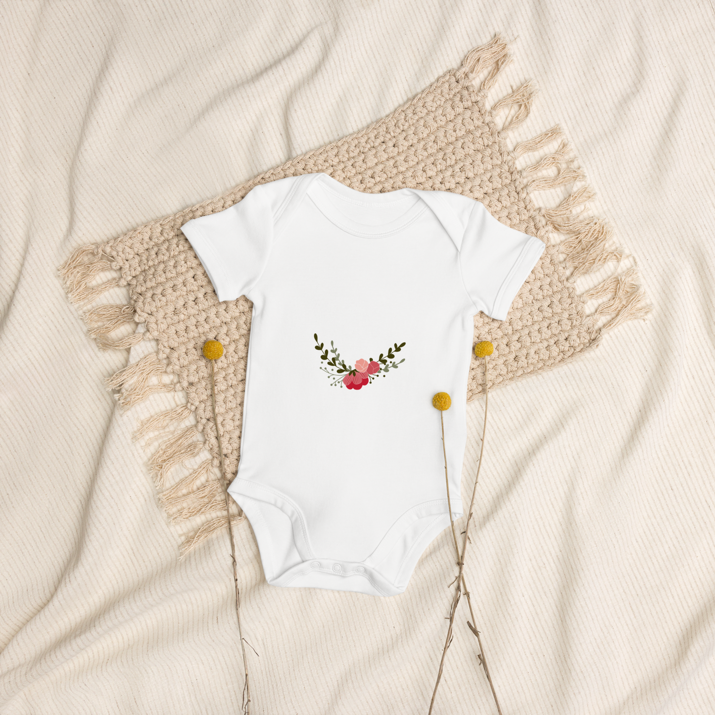 Babystrampler Florales Design mit Namen (personalisierbar) aus Bio-Baumwolle